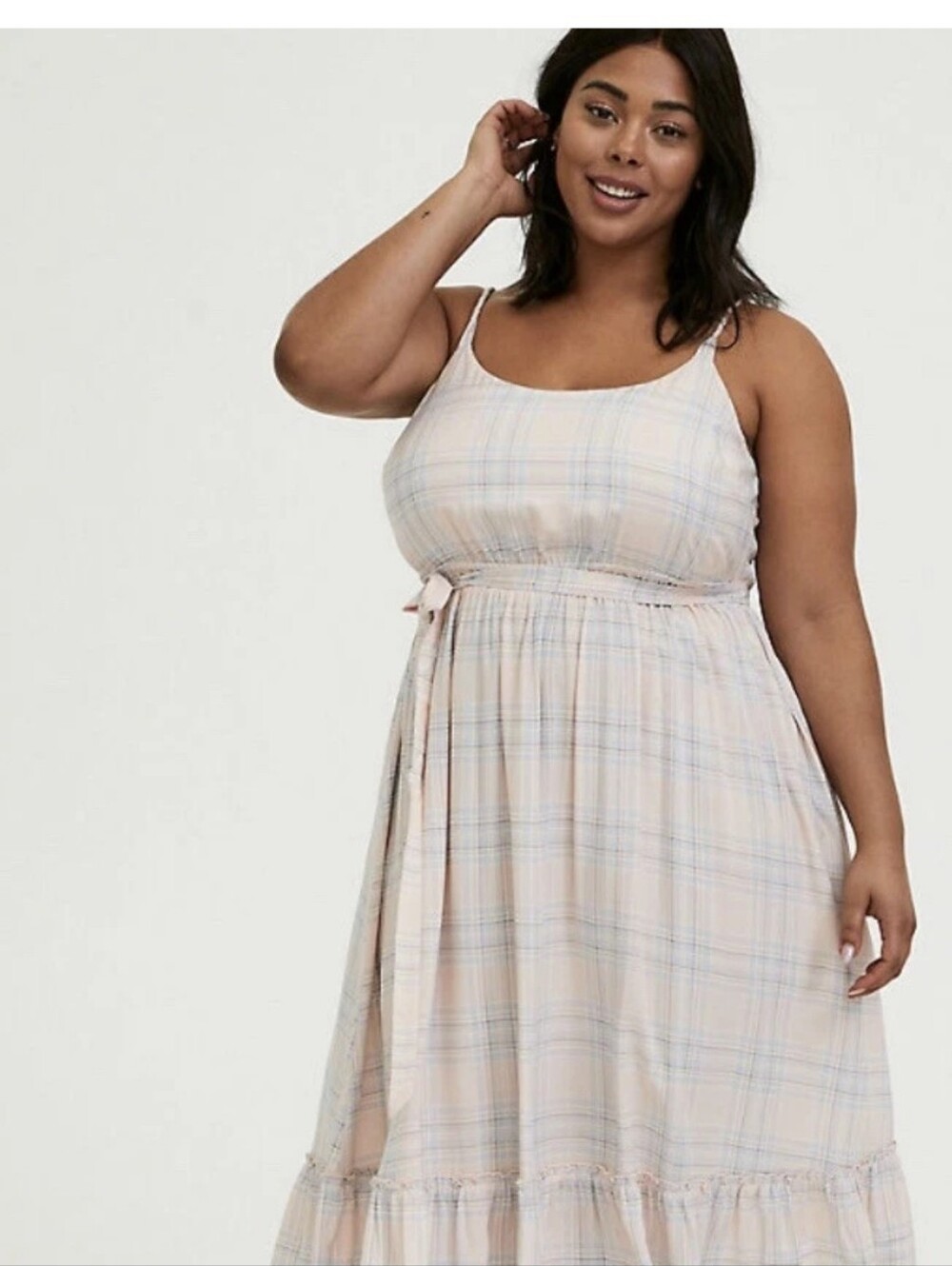 Torrid Plaid Tie-Waist Midi Dress in Pale Pink And Blue Size 0X